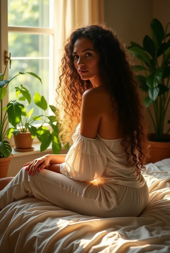 (photorealism:1.2), beautiful woman, sitting on bed, wearing loose off-shoulder top, pajama pants, long curly hair, indoors, soft lighting, plants in background, window with sunlight, cozy room, relaxed pose, realistic, intricate details, warm colors, by Greg Rutkowski, by Alphonse Mucha