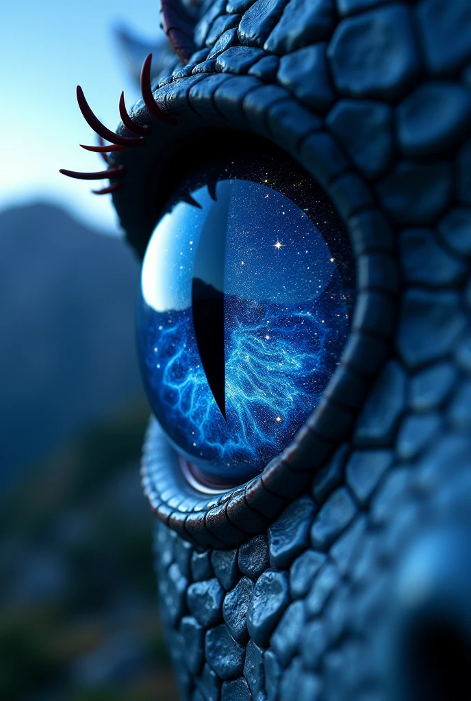 a close up picture of a dragon eye, you see the night sky and endless stars in the irises