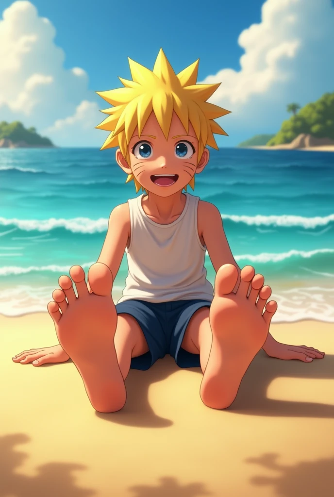 Realistic HD animated image of young Naruto Uzumaki barefoot showing the soles of his feet from below close to the camera Sitting on the beach smiling shirtless Details on the soles of the feet 5 toes on each foot

