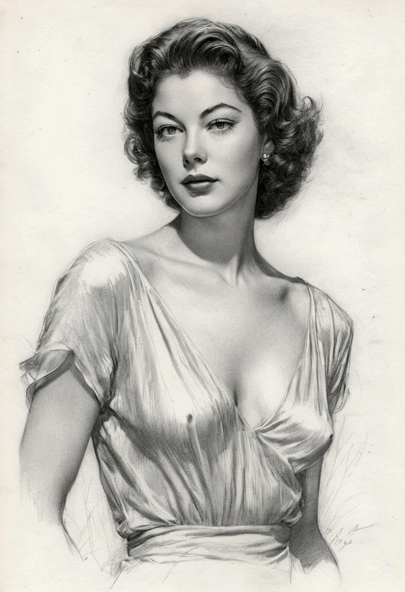 A delicate, graphite sketch portrays, a nude young beautiful Ava Gardner, medium firm breasts, standing bare feet without background, her features rendered in subtle shading and precise lines. The framing is tight, focusing attention on the subject's serene face. Soft, feathery strokes convey the gentle texture of her hair, 