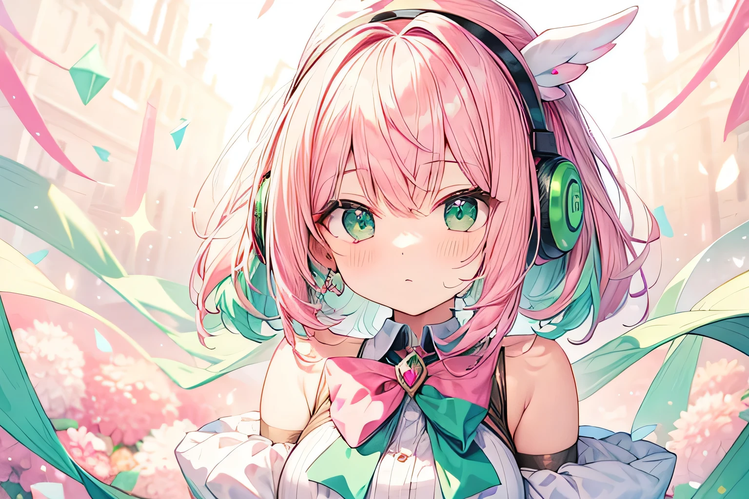 pink and green hair　Magical girl　Headphones and ribbon　Cyber World