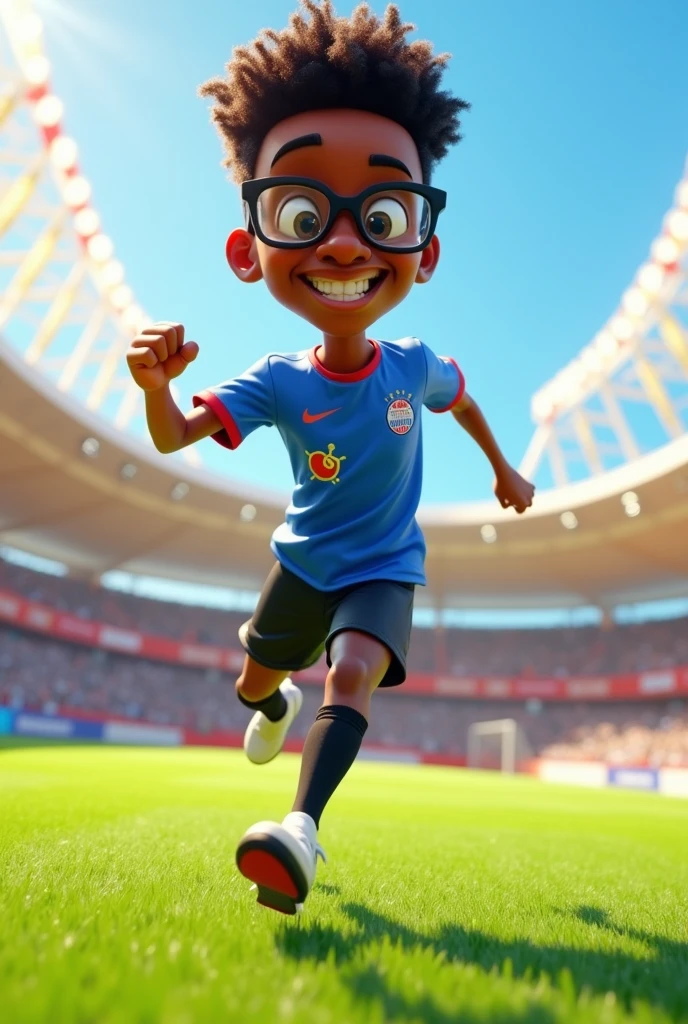 A 3D avatar of a Disney Pixar style black man with short curly hair wearing square glasses playing soccer 