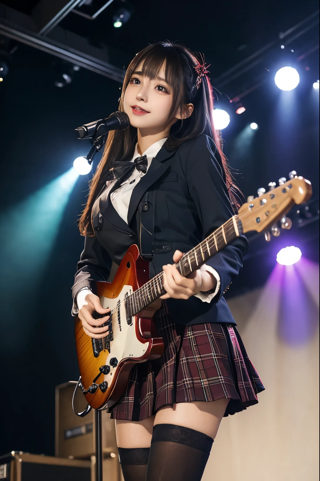 High school girl blazer、uniform、Red checked knee-length skirt、Long skirt、JK Style、Jacket、smile、Knee-high socks、Thigh-high socks、pantyhose、Extremely beautiful、Super cute、ennui、Rare Beauty、Dark black eyeshadow、sad、Skin radiance、Long Hair Straight Hair、Dark Gothic Makeup、Dark Smile、Fragrant beauty、Stained glass background、masterpiece、Highest quality、See 5 books、Sweat glistening on my chest、Sweat glistening on the face、Small breasts、22 years old、Slightly slim、Mysterious look、Sad look、Mysterious Gothic Church、enchanting castle、Excessive sweating all over the body、Thighsに大量の汗と光、光沢のあるThighs、Thighs、Thighsに大量の汗が光る、sweat profusely、Gal、Small breasts、Japanese face、Captivating look、細いThighs、play the guitar、I have a guitar、Enthusiastic singing、バンドでplay the guitar、Playing guitar chords、Background of the live music venue、Sing a song、Open your mouth、Scenery of a live music venue、Mike stand、Glamorous live stage、Dynamic Angles、Vivid straight long hair、delicate straight hair、