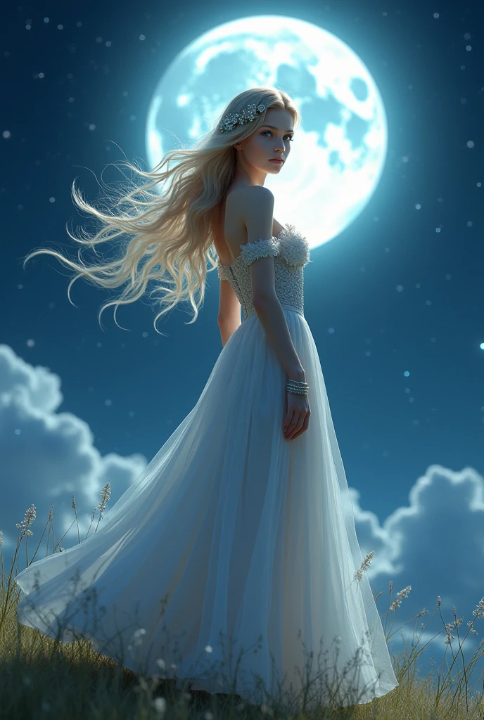 unparalleled masterpiece, ultra realistic 8k CG,masterpiece,3D,(delicate photograph,ultra_detailed,16k,raw photo:1.3),(realistic:1.9,photorealistic:1.9), 1 girl standing under the moon,looking at viewer, solo,(full body),blue eyes,alone,very long hair,blonde hair,hair ornament, sleeveless, off shoulder dress,sideless dress,sideboob,huge breasts,barefoot,thighlet, armlet,starry sky,fantasy,
