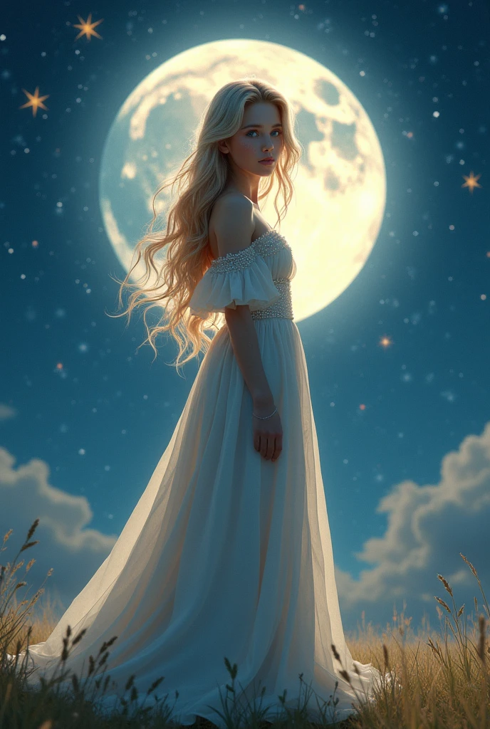 unparalleled masterpiece, ultra realistic 8k CG,masterpiece,3D,(delicate photograph,ultra_detailed,16k,raw photo:1.3),(realistic:1.9,photorealistic:1.9), 1 girl standing under the moon,looking at viewer, solo,(full body),blue eyes,alone,very long hair,blonde hair,hair ornament, sleeveless, off shoulder dress,sideless dress,sideboob,huge breasts,barefoot,thighlet, armlet,starry sky,fantasy,