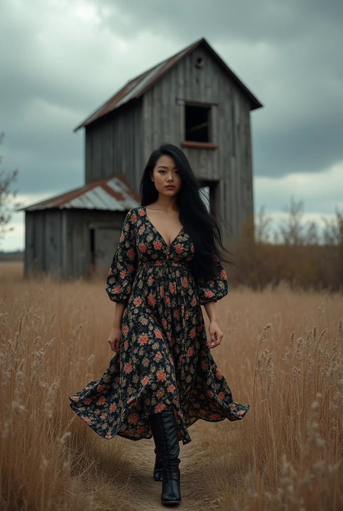((best quality)), ((masterpiece)), (detailed), Professional portrait, a curvy Asian woman with long black hair, wearing a black floral dress, wearing  boots, walking in the middle of dry weeds, a large old unkempt mill is visible, there is a dark cloudy sky, giving a cloudy atmosphere in the afternoon
