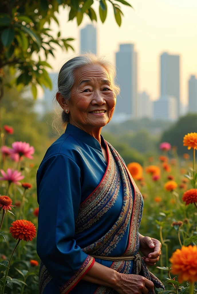 Teresa Maguina,, Thai grandmother in the countryside (best quality,4K,8ก,height,Masterpiece:1.2),Very detailed,(realistic,photorealistic,photo-realistic:1.37),HDR,UHD,studio lighting,ภาพวาดที่Very detailed,Sharp focus,Physical rendering,คำอธิบายรายVery detailed,professional,bright colors,Bokeh,high definition, the courageous grandmother,, Teresa Maguina,, her eyes reflect wisdom and determination,, with depth,, brown irises glowing with resilience,. Beautifully detailed eyes, Long eyelashes, and captivating eyes,. Teresa's face bears the marks of a life well lived,, her lips,, weathering with time,, part of it is a gentle smile that radiates warmth and kindness,. beautiful and detailed lips with an expression that speaks of kindness,. surrounded by lush greenery,, Teresa stands amidst a vibrant garden,, bursting with colorful flowers and towering trees,. Sunlight shines through the leaves., Handsome and gentle,, the warm light on her face,. The landscape is filled with bright colors and the beauty of nature. Wearing indigo-colored Thai silk with embroidered patterns ,adding movement and life to the scene,. in the background, a panoramic view of the bustling city can be seen,, with towering skyscrapers and bustling streets,. the contrast between the cityscape and the lush garden reflects Teresa's unwavering spirit., rooted in tradition but embracing the modern world,. The artwork is rendered in the style of a hyperrealistic portrait, capturing every subtle detail of Teresa's features,. the texture is meticulously recreated,, from the fine lines on her forehead to the creases around her eyes,. the painting is full of realism and depth,, evoking strong emotional connections,
