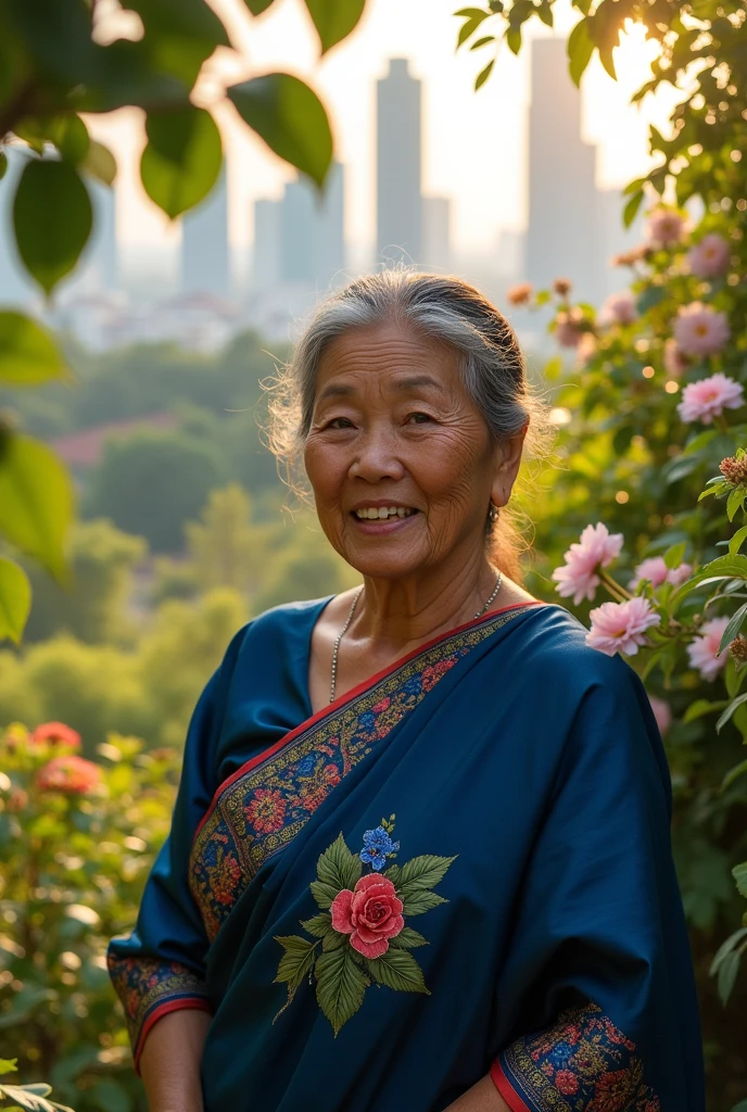 Teresa Maguina,, Thai grandmother in the countryside (best quality,4K,8ก,height,Masterpiece:1.2),Very detailed,(realistic,photorealistic,photo-realistic:1.37),HDR,UHD,studio lighting,ภาพวาดที่Very detailed,Sharp focus,Physical rendering,คำอธิบายรายVery detailed,professional,bright colors,Bokeh,high definition, the courageous grandmother,, Teresa Maguina,, her eyes reflect wisdom and determination,, with depth,, brown irises glowing with resilience,. Beautifully detailed eyes, Long eyelashes, and captivating eyes,. Teresa's face bears the marks of a life well lived,,  her lips,, weathering with time,, part of it is a gentle smile that radiates warmth and kindness,. beautiful and detailed lips with an expression that speaks of kindness,. surrounded by lush greenery,, Teresa stands amidst a vibrant garden,, bursting with colorful flowers and towering trees,. Sunlight shines through the leaves., Handsome and gentle,, the warm light on her face,. The landscape is filled with bright colors and the beauty of nature. Wearing indigo-colored Thai silk with embroidered patterns ,adding movement and life to the scene,. in the background, a panoramic view of the bustling city can be seen,, with towering skyscrapers and bustling streets,. the contrast between the cityscape and the lush garden reflects Teresa's unwavering spirit., rooted in tradition but embracing the modern world,. The artwork is rendered in the style of a hyperrealistic portrait, capturing every subtle detail of Teresa's features,. the texture is meticulously recreated,, from the fine lines on her forehead to the creases around her eyes,. the painting is full of realism and depth,, evoking strong emotional connections,