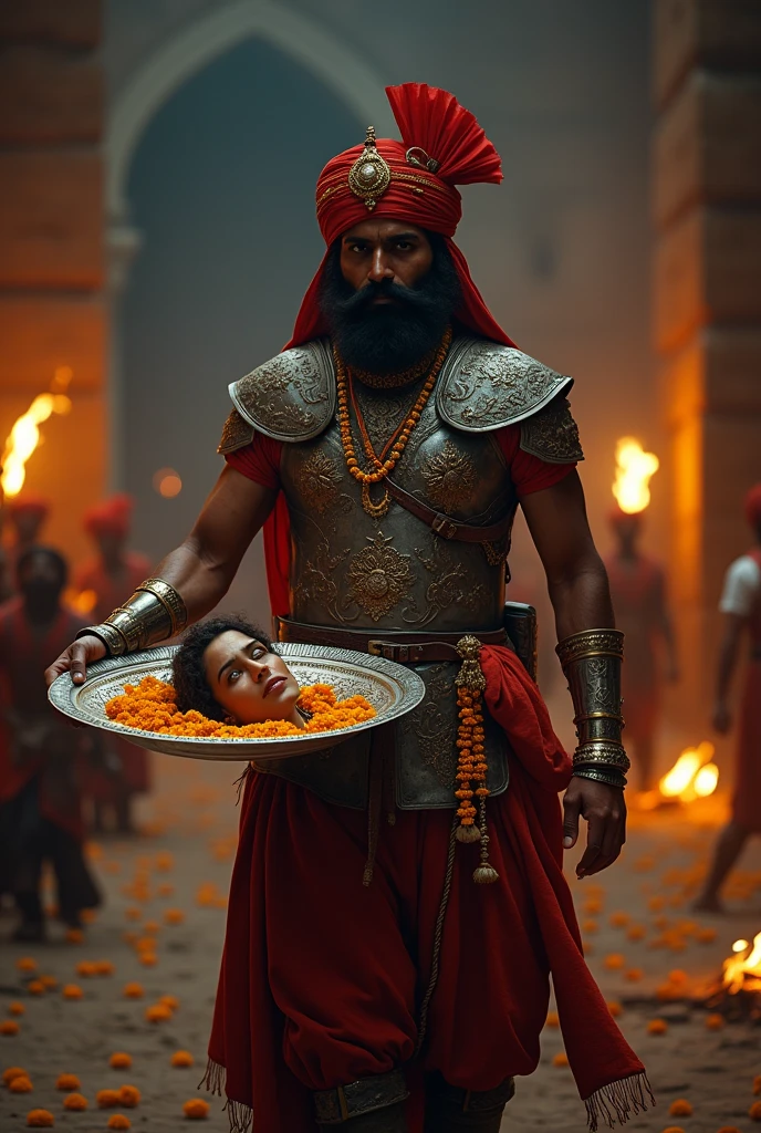 A Rajput soldier carries the queen's severed head on a plate to the king.