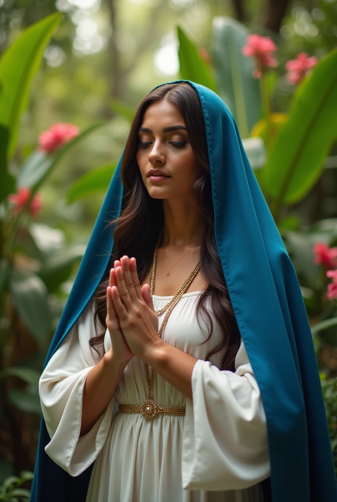 A brunette Brazilian woman, a lush tropical garden, wearing a blue veil and a white dress.
A rosary in hand and hands together.
(Our Lady of Aparecida )