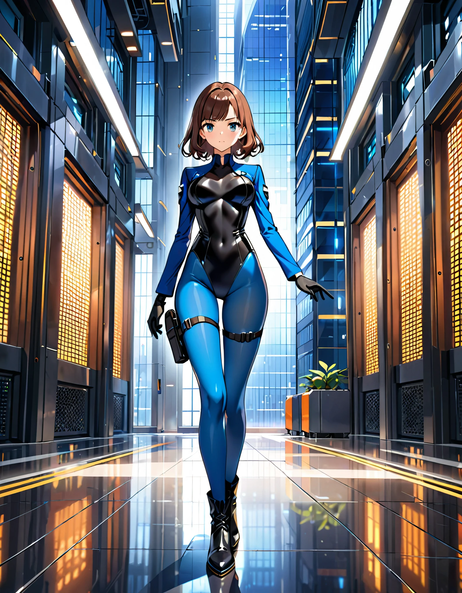 masterpiece, highly detailed, best quality, high quality, 1girl, brown hair, hazel eyes, (solo, solo focus), beautiful detailed eyes, beautiful detailed face, (perfect hands, complete fingers), perfect anatomy, perfect proportions, detailed shadows, detailed light, ((black leotard, blue long sleeves, perfect fit, black gloves)), ((thigh holster)), ((full blue pantyhose)), ((black boots, ankle boots, matching boots)), full body, serious expression, full body costume design. hi-tech spy building, indoors. Soft lighting.