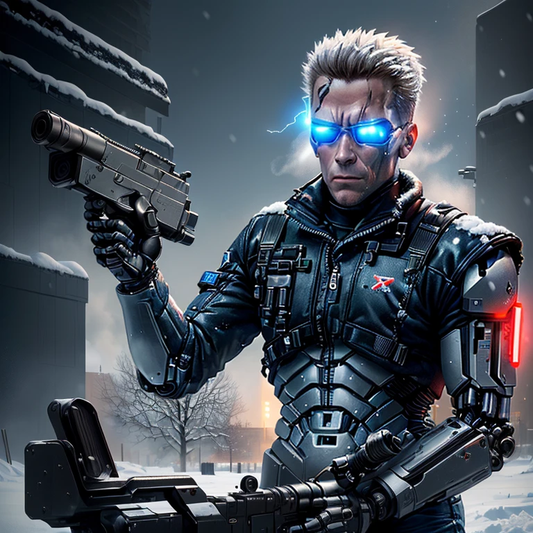 a closeup of a robot, holding a gun in a snowy area, terminator art, terminator t 8 0 0, terminator, terminator skeleton, t-800, t - 8 0 0, terminator without flesh, portrait of terminator, still from the movie terminator, the terminator, terminator tech, terminator artifacts, Cyberpunk Robot, 4K cinematic wallpaper, Endoskeleton