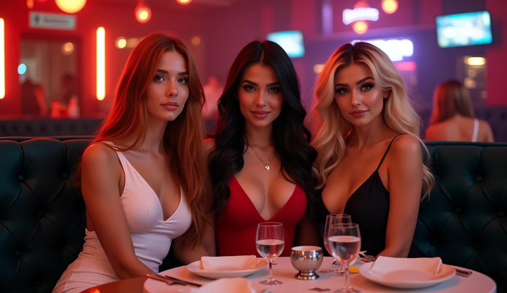 ultra realistic, photography, three girls: one with long straight red hair, (24 years old, hourglass figure, perfect body, natural medium breasts, wearing a white high-leg-cut dress), the second one: long black straight hair, (30 years old, hourglass figure, perfect fit body, natural big breasts, wearing a red cocktaildress), dark eye makeup with eyeliner, the third one: long blonde hair, (wavy elegant hair, blue eyes, perfect round lips, 22 years old, gorgeous face, voluptuous figure, perfect fit body, big enhanced breasts, wearing a black skin-tight dress), they have great round cleavage, perfect cleavage, they are sitting behind a table in a club, they are seductively smiling at the camera