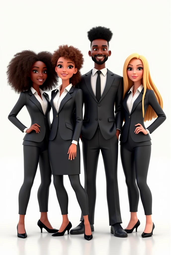 generates a group of people in 3D animation, three of which are women in formal suits, a brunette girl with afro hair, a white girl with curly or frizzy hair and another white girl with straight hair and one brunette man without a beard, just a mustache, afro hair in a suit, on a white background