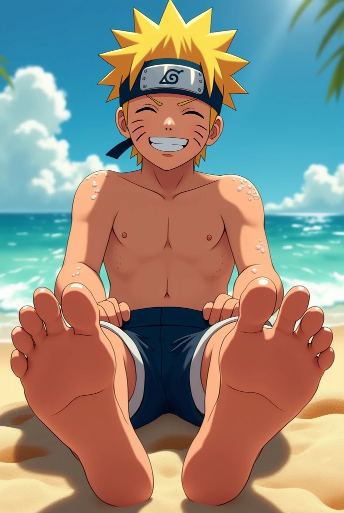 Realistic HD animated image of Naruto Uzumaki barefoot showing the soles of his feet from below close to the camera Sitting on the beach smiling shirtless Details on the soles of the feet 5 toes on each foot

