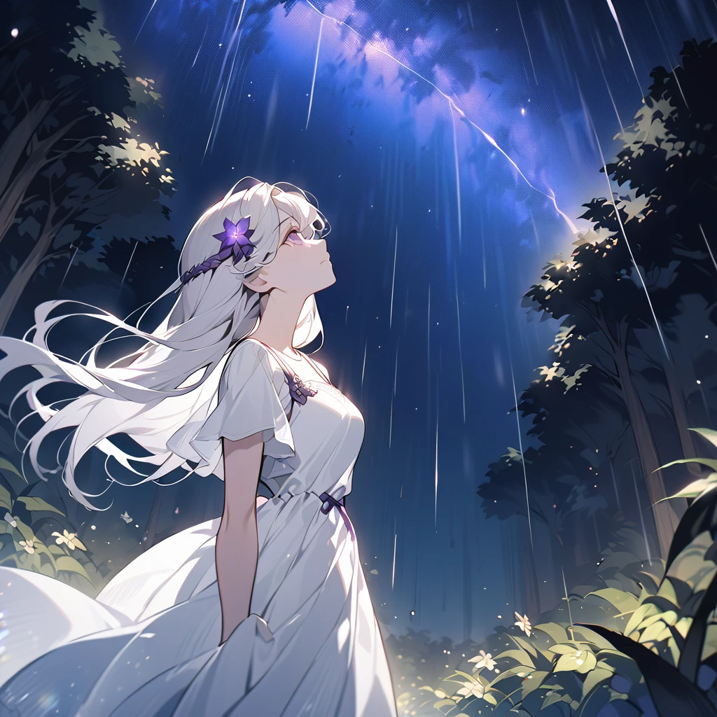 Picture a beautiful 30-year-old woman looking at a rainy sky with thunderstorms.. she wore a white dress. She also has white hair and a purple ribbon on the back of her head.. She has long hair, Tie only one strand back and let the rest fall naturally.. she is standing in the forest, Looking up at the starry night sky, One hand reaches out to the sky, And tears fell from her purple eyes... edelgard_von_hresvelg 