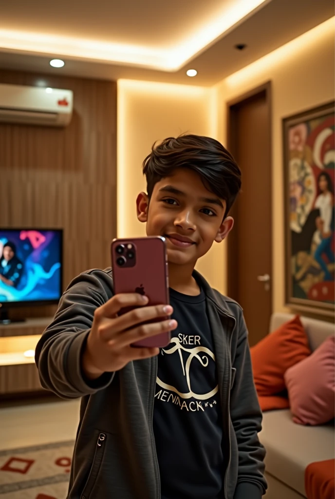 A 17 years boy of odisha inside his morden house taking selfie with iphone 15 pro max i phone logo is clear and contains 3 cameras like real iPhone contains background is like a rich people contains luxury things like ac tv wifi etc and design things