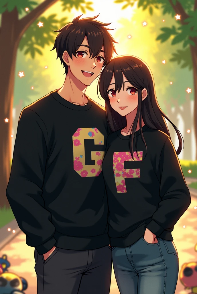 Photographs with the initials on his black sweater G for man and F for woman, as a couple, with anime cartoons