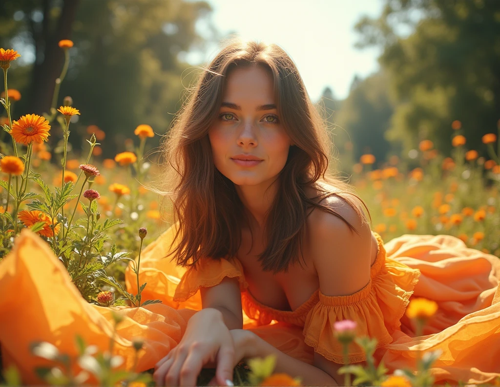 Create an artistic photo series for a 25-year-old influencer, medium length brown hair, Brown eyes, avec beaucoup de charme, sexly, inspired look, en utilisant des thèmes de la nature et des couleurs vives. Photos should be bright and inspiring, ideal for an audience interested in natural beauty.