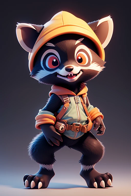 Create a picture of a newborn raccoon monster., The body is transparent and can be seen through. The image is sharp and detailed., with beautiful colors.. With arms, leg, eyes, mouth, พื้นหลังสีlegว