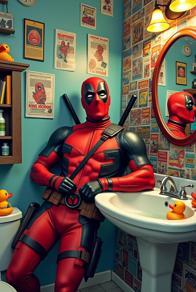 Deadpool sitting on the toilet ultra realistic image 