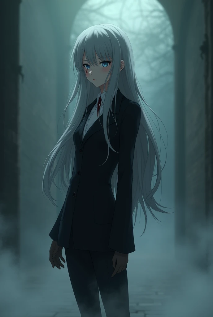 18 year old anime girl with long gray hair and blue eyes standing in a foggy place with blood dripping from her mouth and wearing a black suit
