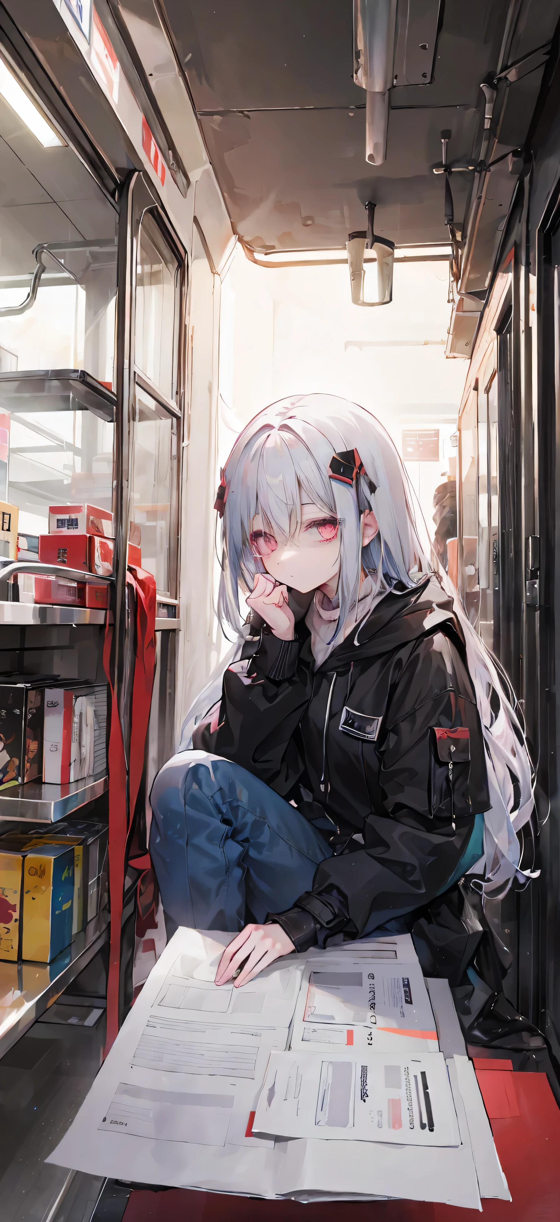 one person&#39;s, Highest quality, Dark Hair Color、Black leather coat、Red and pink eyes、depression、About 、Dark clothing、Looking at the moon、Sitting with legs crossed、Steam from breathing、Street lights at dusk