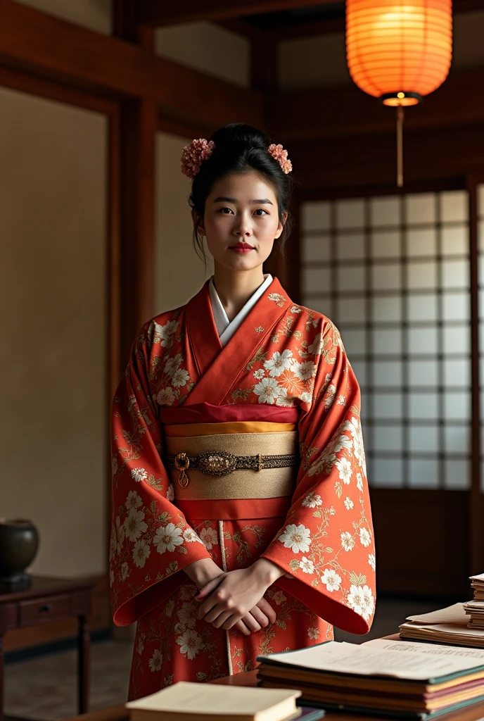 "A 19th-century Japanese woman inspired by Eiichi Shibusawa, dressed in traditional kimono with a modern twist, symbolizing her pioneering spirit in business and leadership. She stands confidently in a Meiji Era business setting, surrounded by ledgers, documents, and traditional Japanese decor. The atmosphere blends historical elegance with a sense of progress and determination, reflecting the challenges and achievements of a female leader in a male-dominated society. The composition highlights her intelligence, strength, and vision for Japan's future."