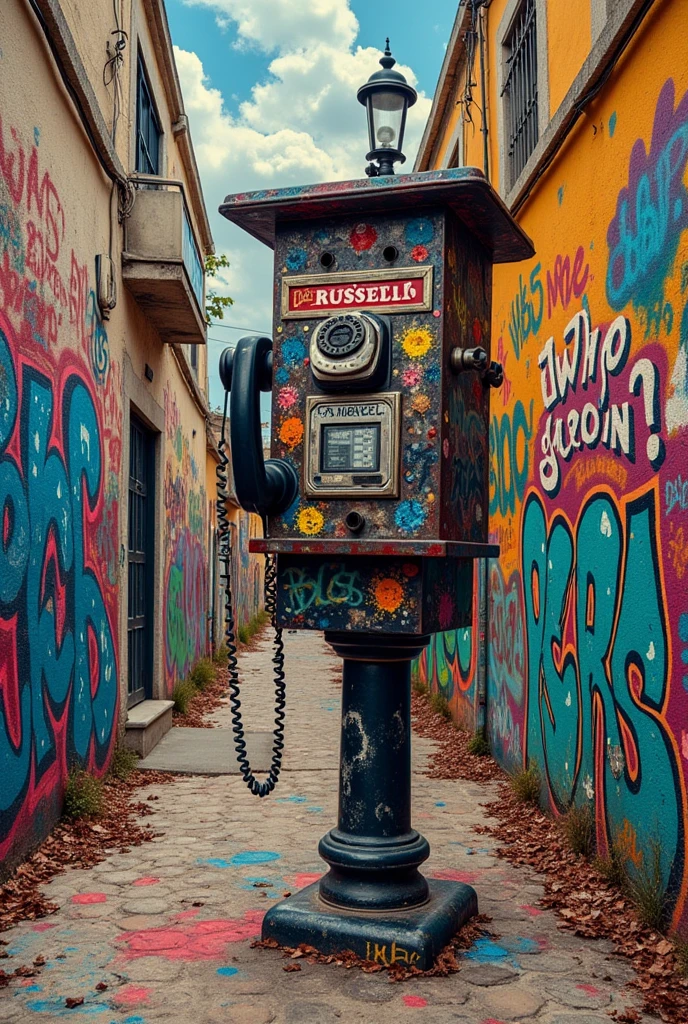 A cover for a musical single that is a street full of graffiti and has a telephone in the middle and that says Russell hidden above it like an optical illusion and says who in Spanish