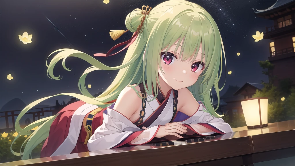 ((masterpiece)),(best quality),Official Art,Extremely detailed CG,Unity 8K wallpaper,Very detailed,Beautiful and delicate eyes,Extremely detailed face,1 girl,solitary,,(whole body:1.5),(small:1.3),Smile,,Murasame,Very long hair,Green Hair,Face Up,Purple bow,hairpin,Side chains,Bangs,Red Eyes,Neck strap,Red belt,Chinese elegant style，Long-sleeved hanfu，Cut a piece of time and slowly flow into the moonlight, Fluctuating slightly. Playing a piece of fragrant lotus. Beautiful piano music falls beside me. Fireflies light up the night sky.