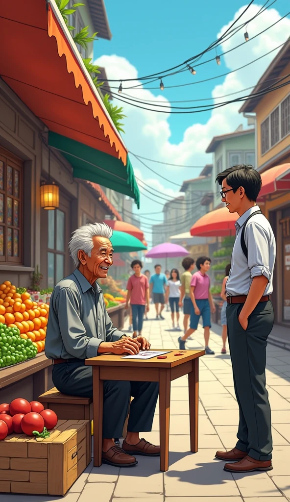 A man is sitting selling lottery tickets. The scene is a market with many people passing by., has a grocery store. Character appearance: Mr. Tu is 60 years old. , skinny, White hair, gentle smile . Wear old gray shirt, Old black pants Original horizontal shot.
There is a middle-aged man standing opposite buying lottery tickets. The market has a fun feel. The 3D image is a bit cartoonish. 

