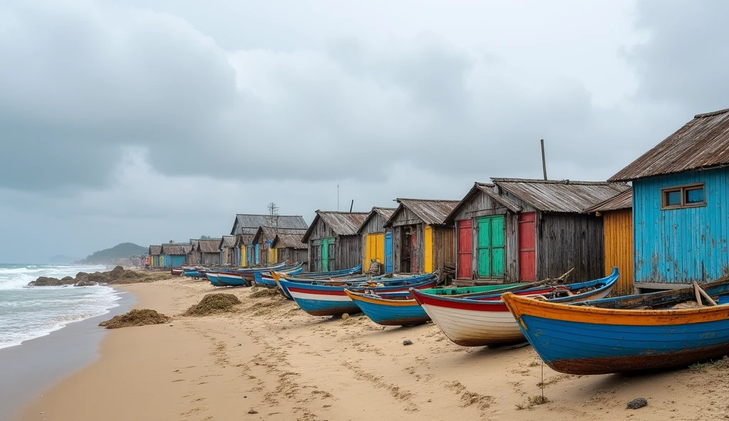 A small, humble fishing village nestled by the shore, with weathered wooden huts and boats lined up on the beach under a gray, cloudy sky."**