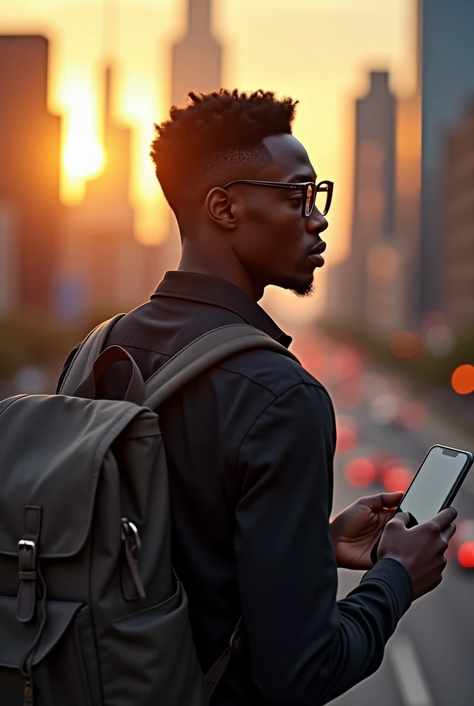 A 2K avatar of a black man with short curly hair, square glasses, a black shirt from behind with a backpack and a cell phone in his hand
