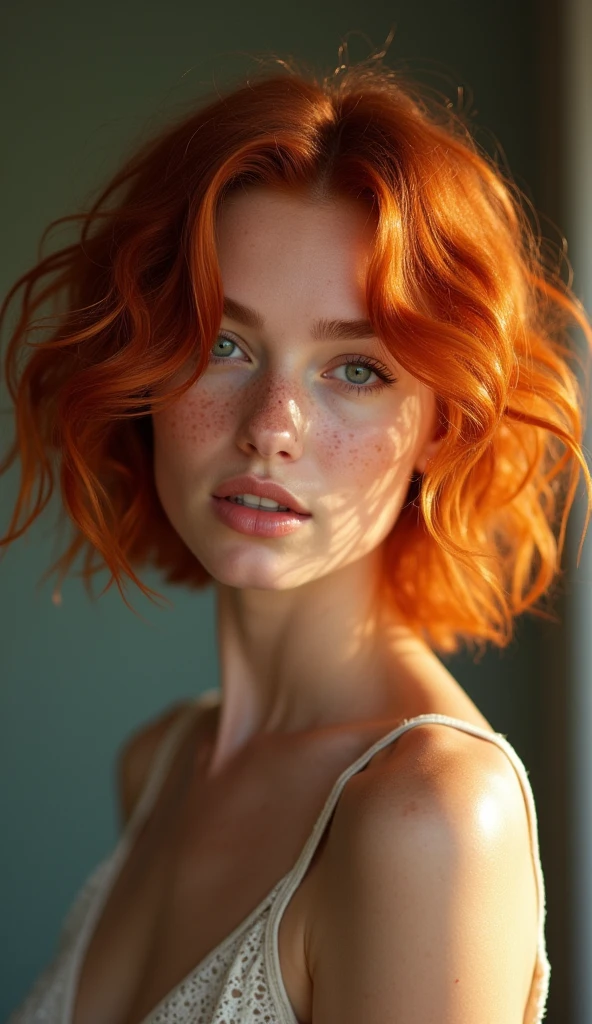work of art, 8k, realisitic, photo-realisitic,1 girl, (bright orange curly hair:1.2), sensuous, Shy little smile, greeneyes, Red-Haired, the 20s, Youngh, Room,(shorts, nobra regatta:1), professional lighting,