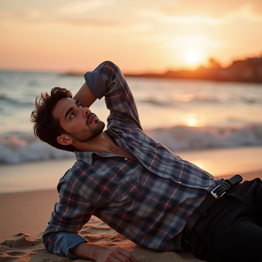 Fit 20 year old man laying down on a beach. the man has wavy black hair and blue eyes. the man is smiling and has dimples on his cheeks. the man is naked with a fishing net covering his groin.