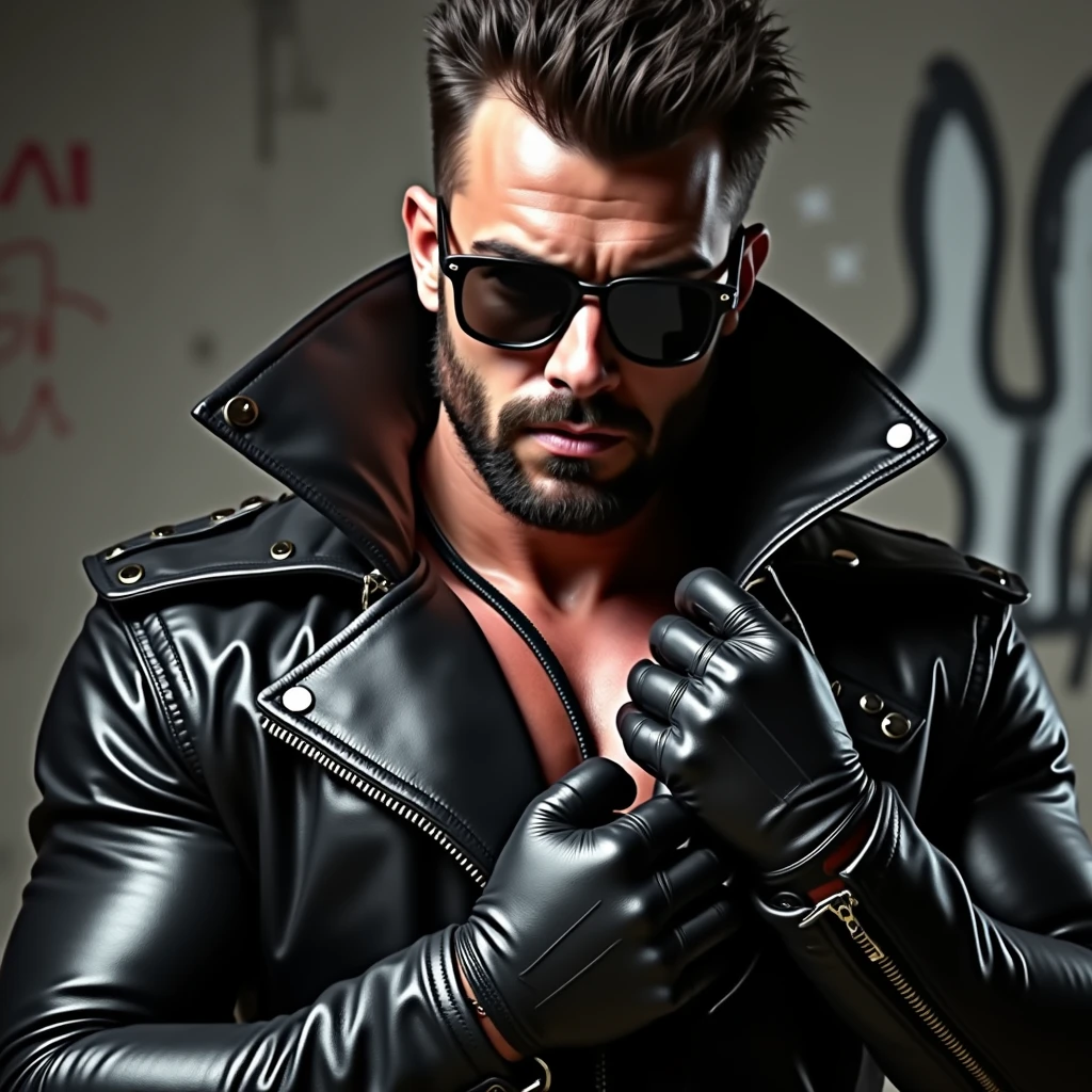 Frontal view of a muscular, bearded leather man like Tom of Finland, very hairy, wearing a rocker leather jacket with the collar turned up very high, leather pants, a harness in the chest and tight leather gloves.