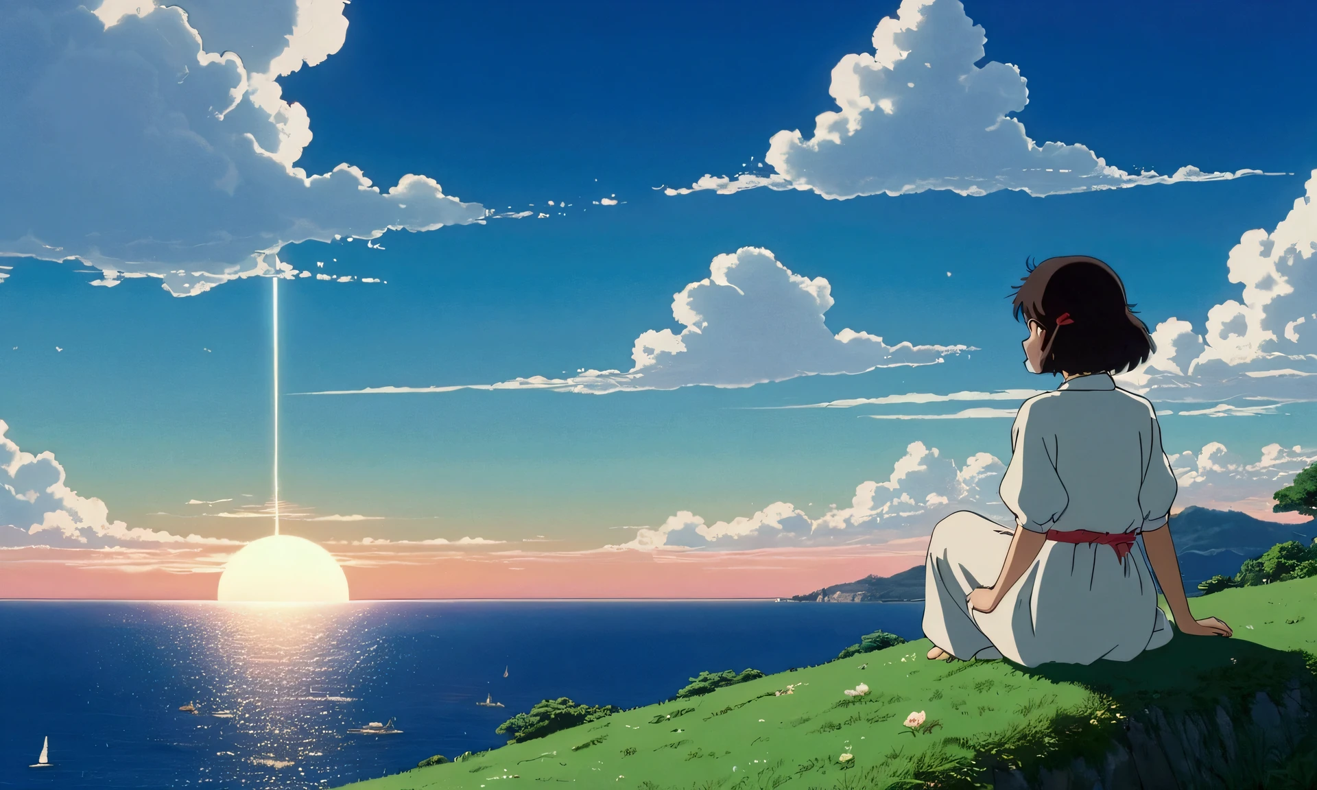Ultra-high resolution,80s aesthetic anime ,outline,Studio Ghibli,countryside,slope,Ocean, Sitting Girl,Turn your back on the viewer,White cloud,Anime Bloom Effect,Soft lighting,CG particle effects 4K resolution