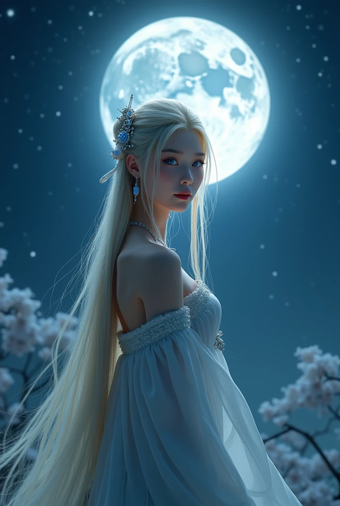unparalleled masterpiece, ultra realistic 8k CG,masterpiece,3D,(delicate photograph,ultra_detailed,16k,raw photo:1.3),(realistic:1.9,photorealistic:1.9), 1 ancient Chinese girl ,standing under the moon,looking at viewer, solo,(full body),blue eyes,alone,very long hair,blonde hair,hair ornament, sleeveless, off shoulder dress,sideless dress,sideboob,huge breasts,barefoot,thighlet, armlet,starry sky,fantasy,