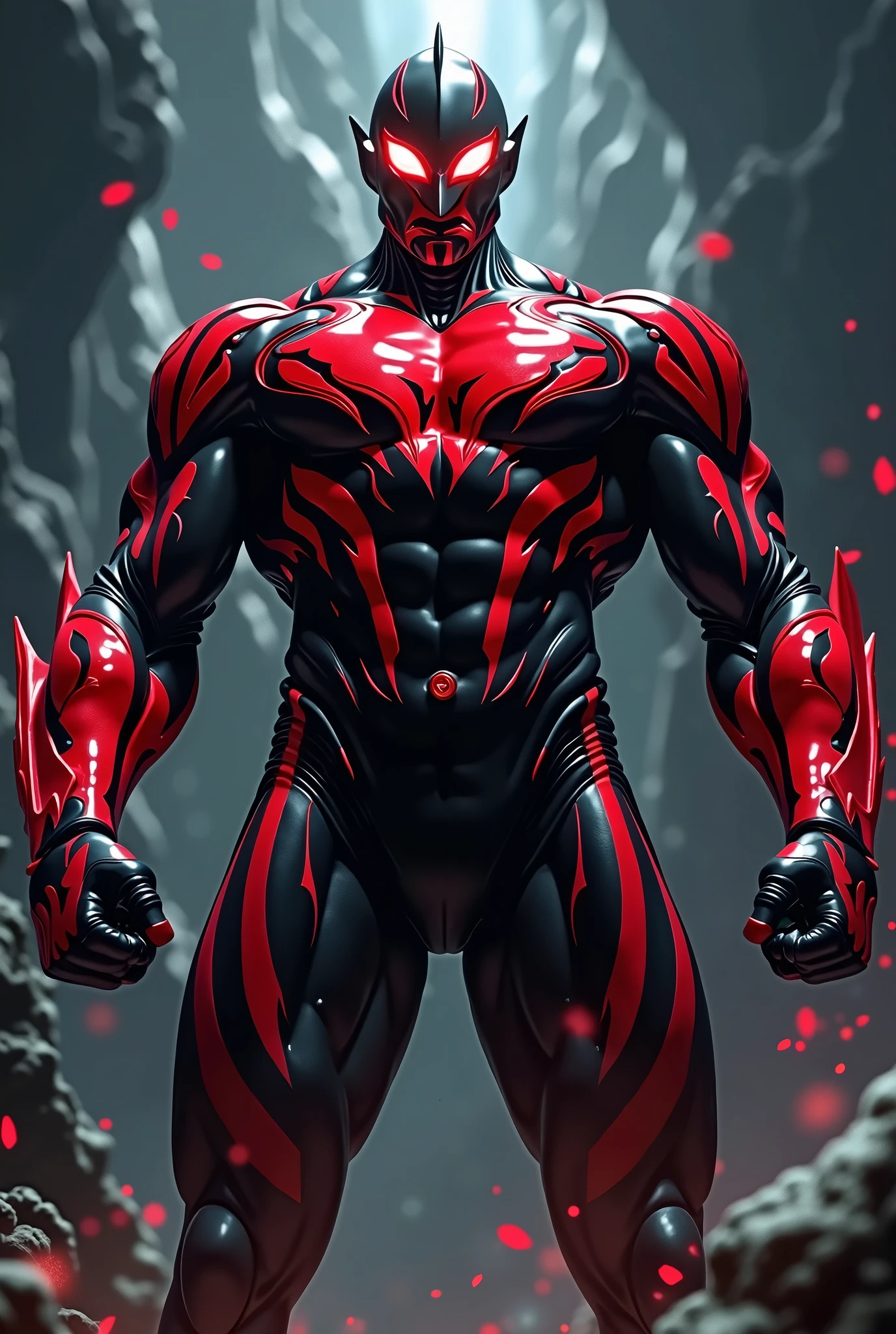 Evil Ultraman、Excessive muscle mass、RAW Photos、Matte texture、Red pattern on a black background、Red eyes