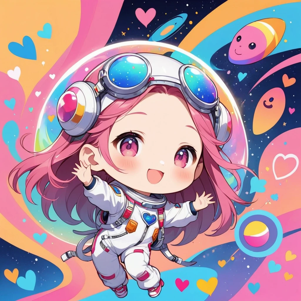 Momoko Sakura colorfull style, Simple Line Initialism,Abstract art,(((The most beautiful girl of all time))), (((chibi))), Sweet face. colorful hearts, funny design, (((happy dance))), Spacesuit, (((Cute Aliens))), The background is space