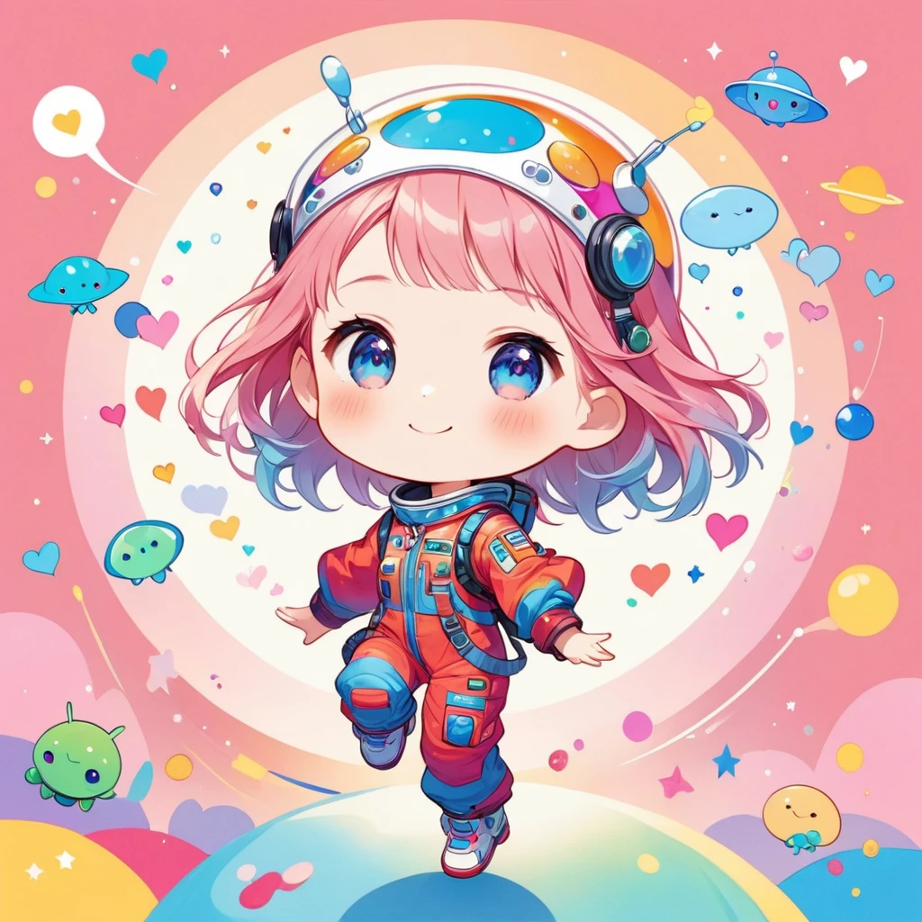 Momoko Sakura colorfull style, Simple Line Initialism,Abstract art,(((The most beautiful girl of all time))), (((chibi))), Sweet face. colorful hearts, funny design, (((happy dance))), Spacesuit, (((Cute Aliens))), The background is space