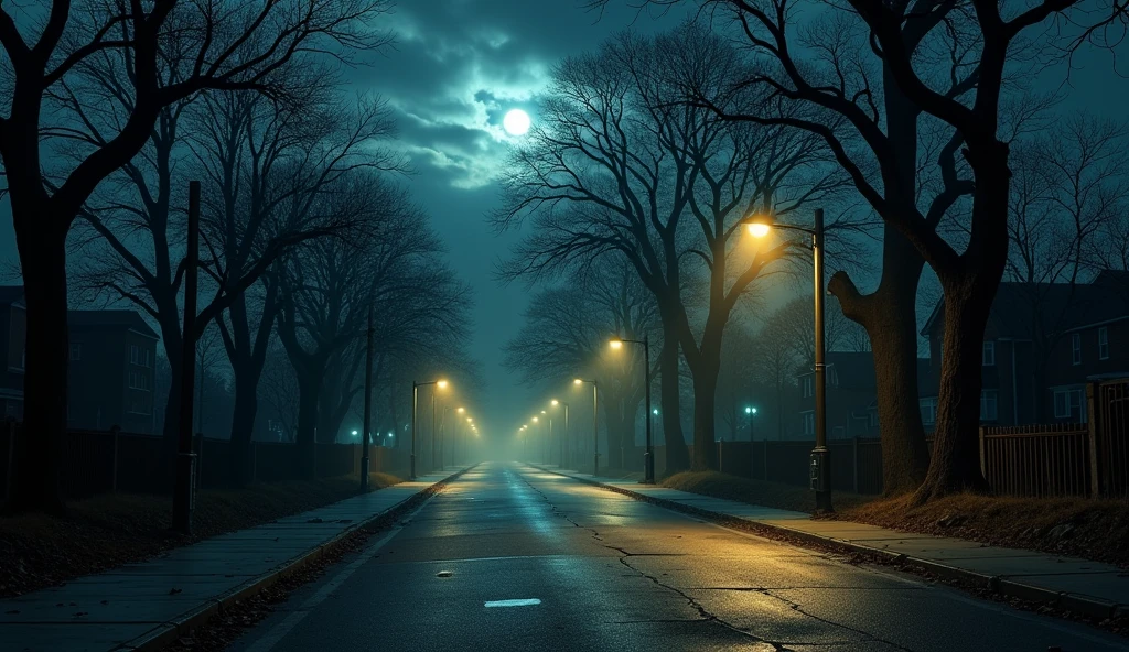 Empty Street at Night
A quiet, dimly lit street at night with flickering streetlights. The atmosphere is eerie, with no one around. The road is narrow, lined with trees casting long shadows, and a soft breeze stirs fallen leaves on the ground. The sky is cloudy, with a faint moonlight struggling to peek through.