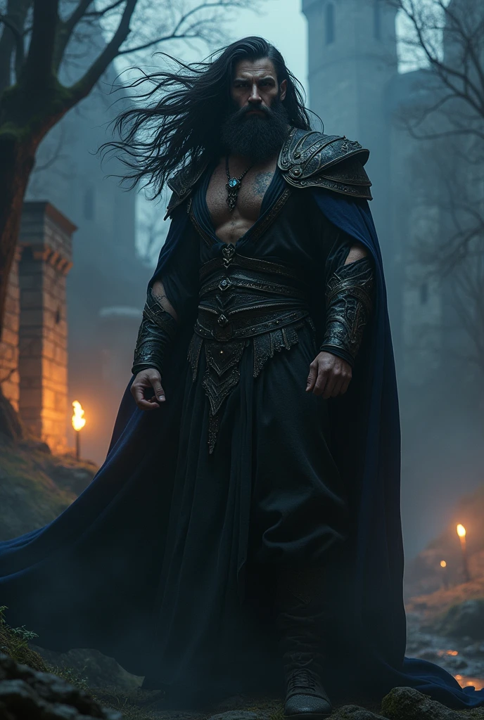 A beautiful villain with a thick beard and bristly hair chest hair