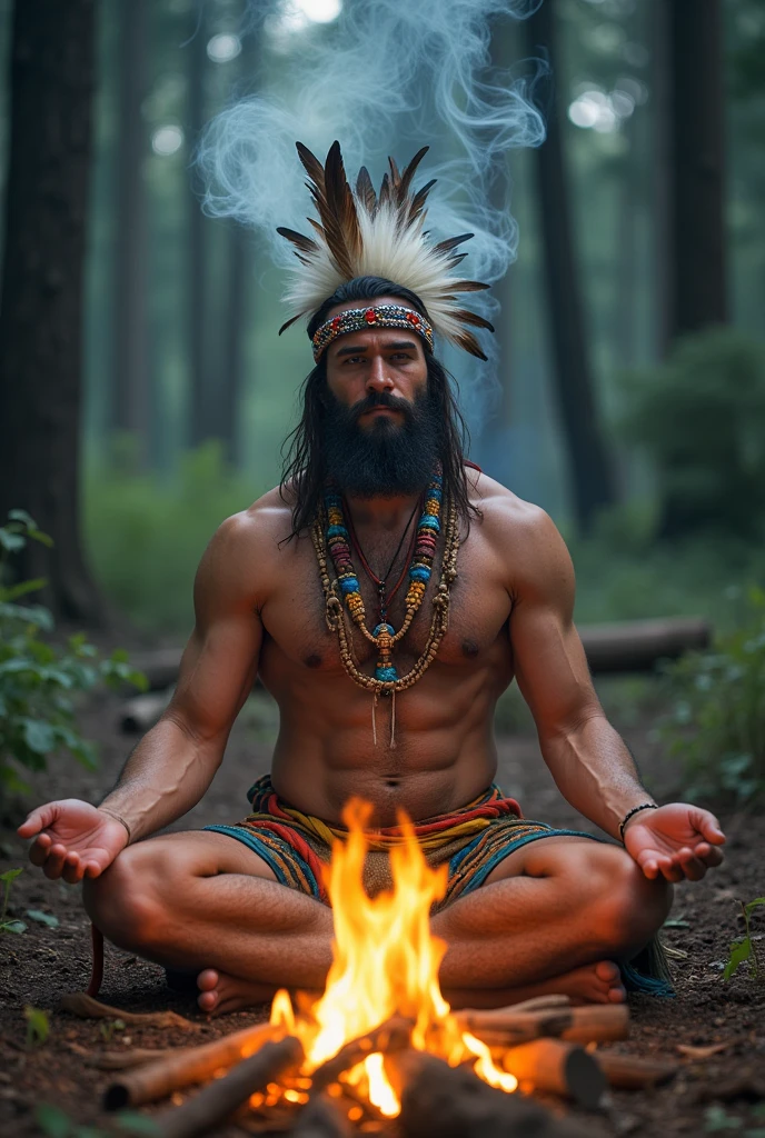 Chris Evans with a goatee, shaman dress with loincloth, shirtless, muscular and with an American Indian-style feather headdress on his head, He wears several feather necklaces with stones with his eyes closed and sitting in the shape of a lotus flower, In front there is a bonfire and in the smoke that rises the wolf is formed, leopard, eagle, bear and bison.