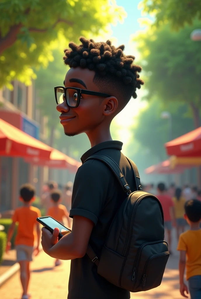 A 2K 3D Disney Pixar style avatar of a black man with short curly hair, square glasses, a black shirt from behind with a backpack and a cell phone in his hand