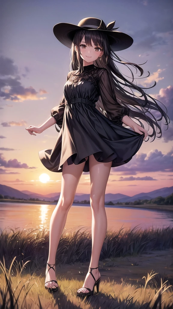 Girl in a black dress, standing in the field, full length, straw hat, Brown eyes, smile, Thin legs, high heel shoes, beautiful frame, looking at the viewer, sunset