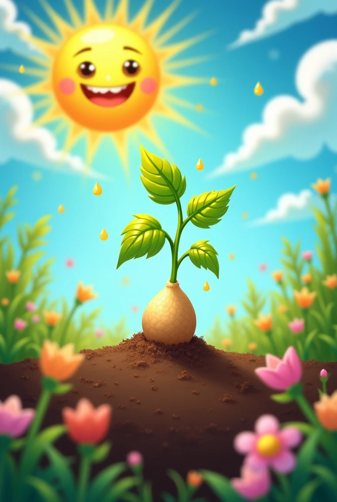 One day, the sun smiled down at the little seed and said, "Don't worry, little seed. All you need is some water, sunshine, and patience, and you'll grow just fine."
So, the little seed drank water whenever it rained, soaked up the sun, and waited. Days passed, and soon, the little seed began to grow!
(create in a cartoon style)
