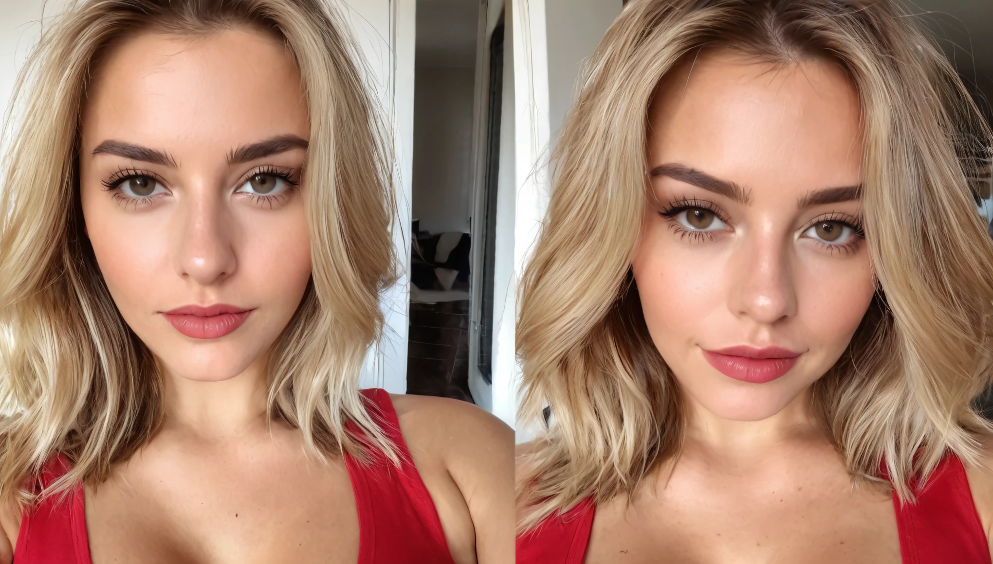 une femme blonde de 23 ans, ((gros seins)), ((Hyperréalisme)) , vu de loin, cheveux blond with light brown roots. cheveux blond, Cheveux aux racines brunes, cheveux très longs, belle, vue de face, prix photo avec iPhone, élégante chemise rouge avec escote, sur la plage, Haute qualité,