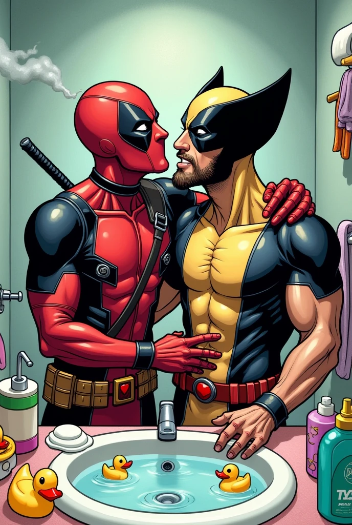 In the bathroom, deadpool is licking wrlverine&#39;s chest 