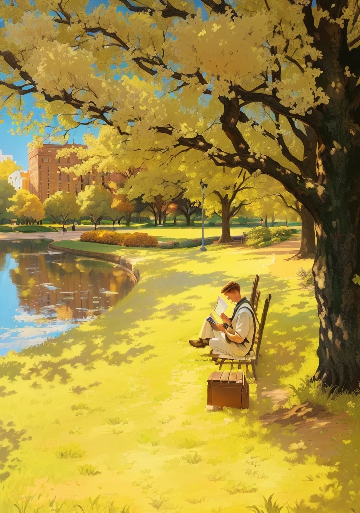 Painting of a man sitting on a bench and reading, Reading under the tree, Created by experienced artists, Charles Mahoney, In the city park, author：Paul Los, Kenton Nelson, Sunny day in the park, Inspired by Charles W.. Bartlett, Full color illustrations, On a sunny day, Pamela Asherson, Sitting by the pond